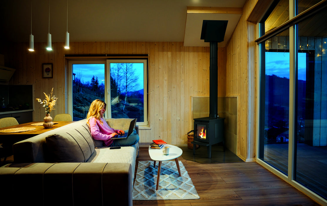 Hearthstone Stoves Green Mountain 20 Freestanding Wood Stove in Cozy Living Room