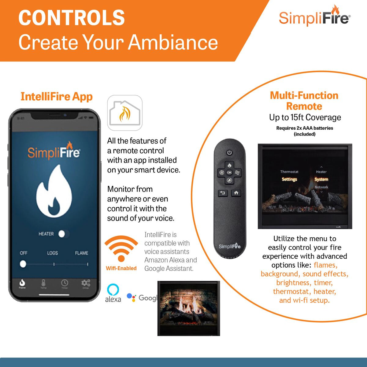SimpliFire Inception Electric Fireplace: Control Options
