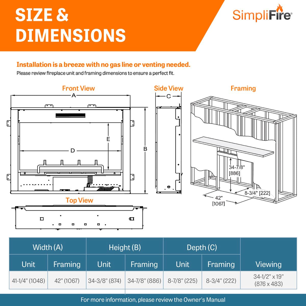 SimpliFire Inception Electric Fireplace: Size & Dimensions