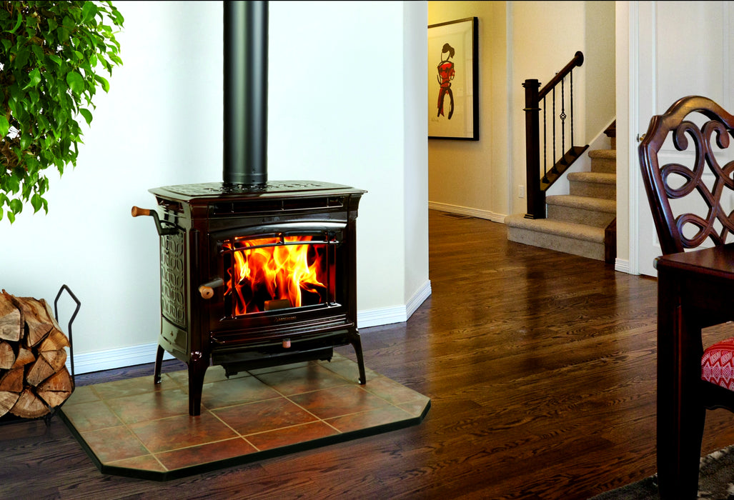 Hearthstone Stoves Manchester Freestanding Wood Stove with Brown Enamel Finish in Foyer