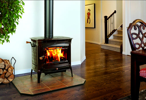 Hearthstone Stoves Manchester Freestanding Wood Stove with Brown Enamel Finish in Foyer