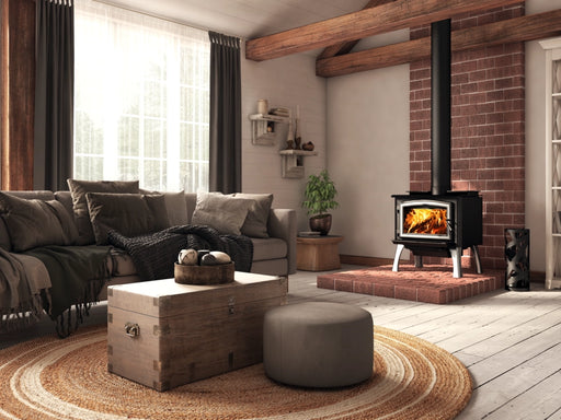 Osburn 1700 Wood Stove with Brushed Nickel Faceplate and Brushed Nickel Straight Legs