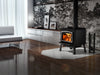 Osburn 2000 Wood Stove with Brushed Nickel Door Overlay and Black Straight Legs