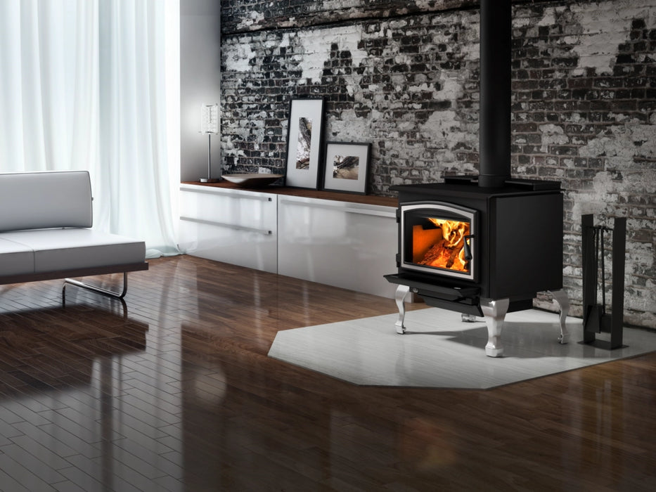 Osburn 2000 Wood Stove with Brushed Nickel Door Overlay and Brushed Nickel Traditional Legs