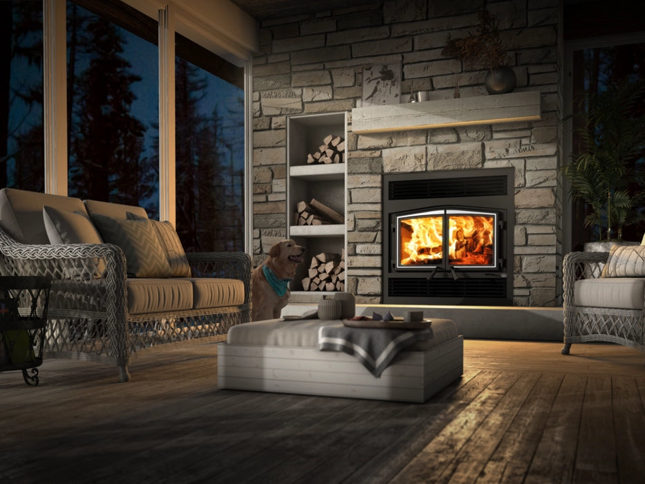 Osburn Stratford II Wood Fireplace with Nickel Door Overlay and Traditional Faceplate