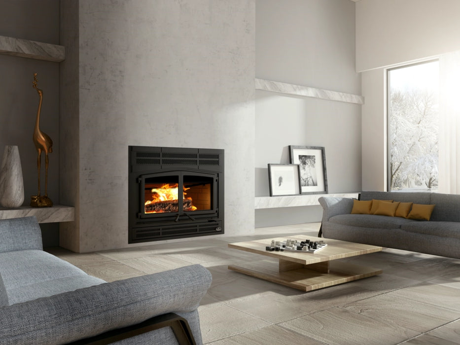 Osburn Horizon Zero-Clearance Wood-Burning Fireplace in Living Room