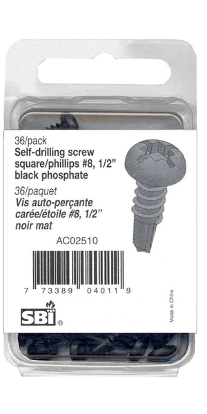 SBI Self-tapping Black Screw Square/phillips #8 X 1/2" (36/pack) - SBI Part AC02510