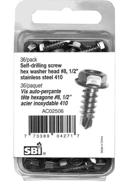 SBI Self-tapping Stainless Screw Hex Washer Head #8 X 1/2" (36/pack) - SBI Part AC02506